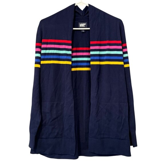 Lands End Cardigan Size Small Multicolor Colorblock‎ Stripe Open Top Preppy City - Picture 1 of 13